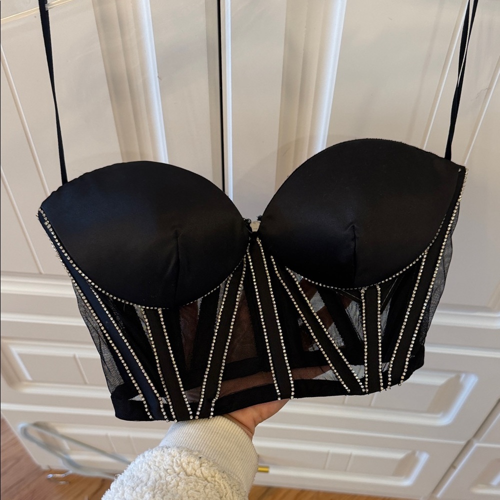 Retrofete Black Crystal-Embellished Mesh Bustier Crop Top